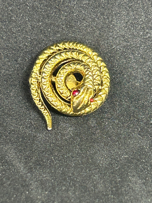 Vintage Gold Serpent Snake Pin Brooch w/ Red Eyes