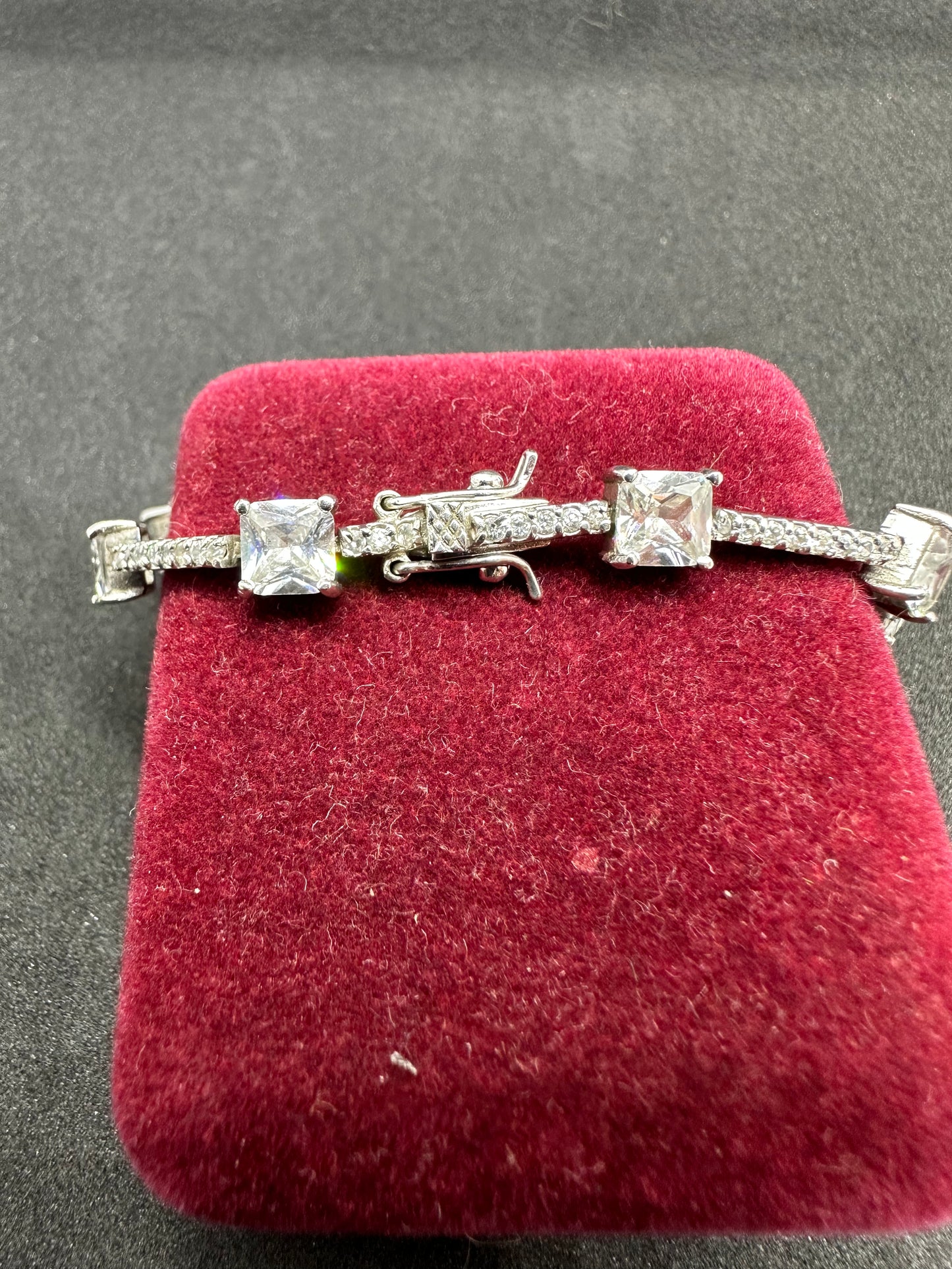 Vintage Sterling Silver Square Cubic Zirconia CZ Micro Pavé Station Bracelet Marked EC 925