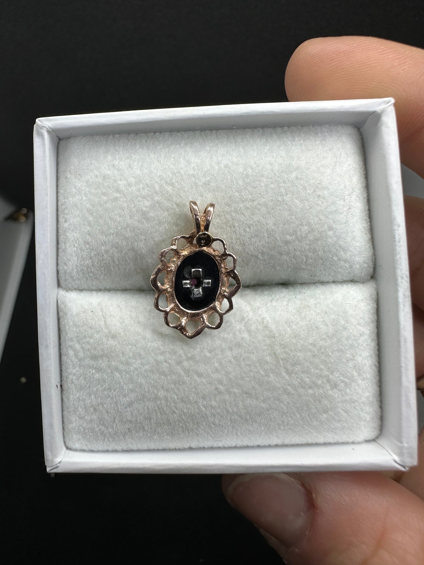 Antique Victorian Edwardian 14K Rose Gold Ornate Onyx & Ruby Mourning Pendant Marked TZ or ZT