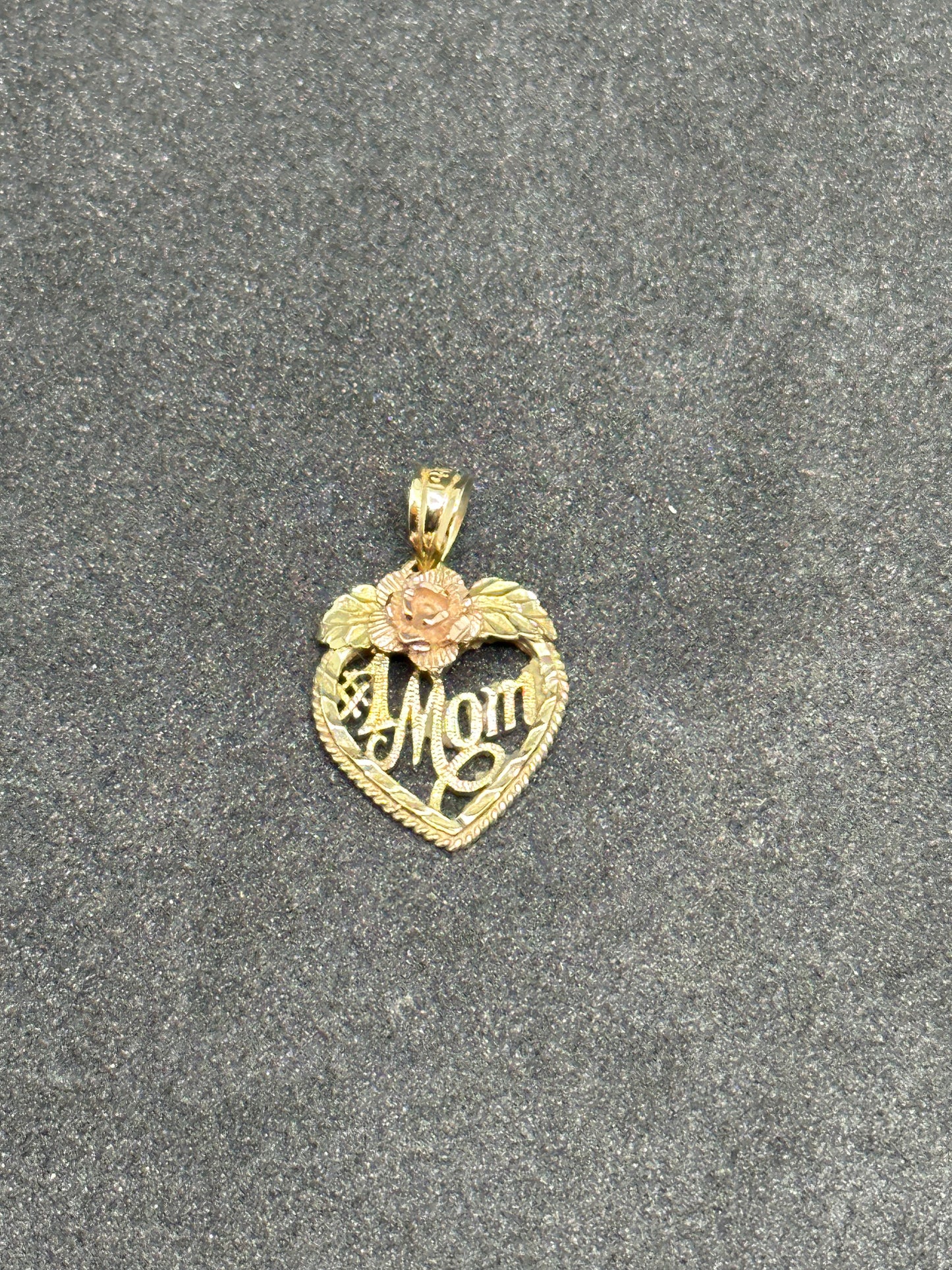 Vintage 14K Yellow Gold #1 Mom Heart Charm w/ Rose Gold 585 Rose Flower