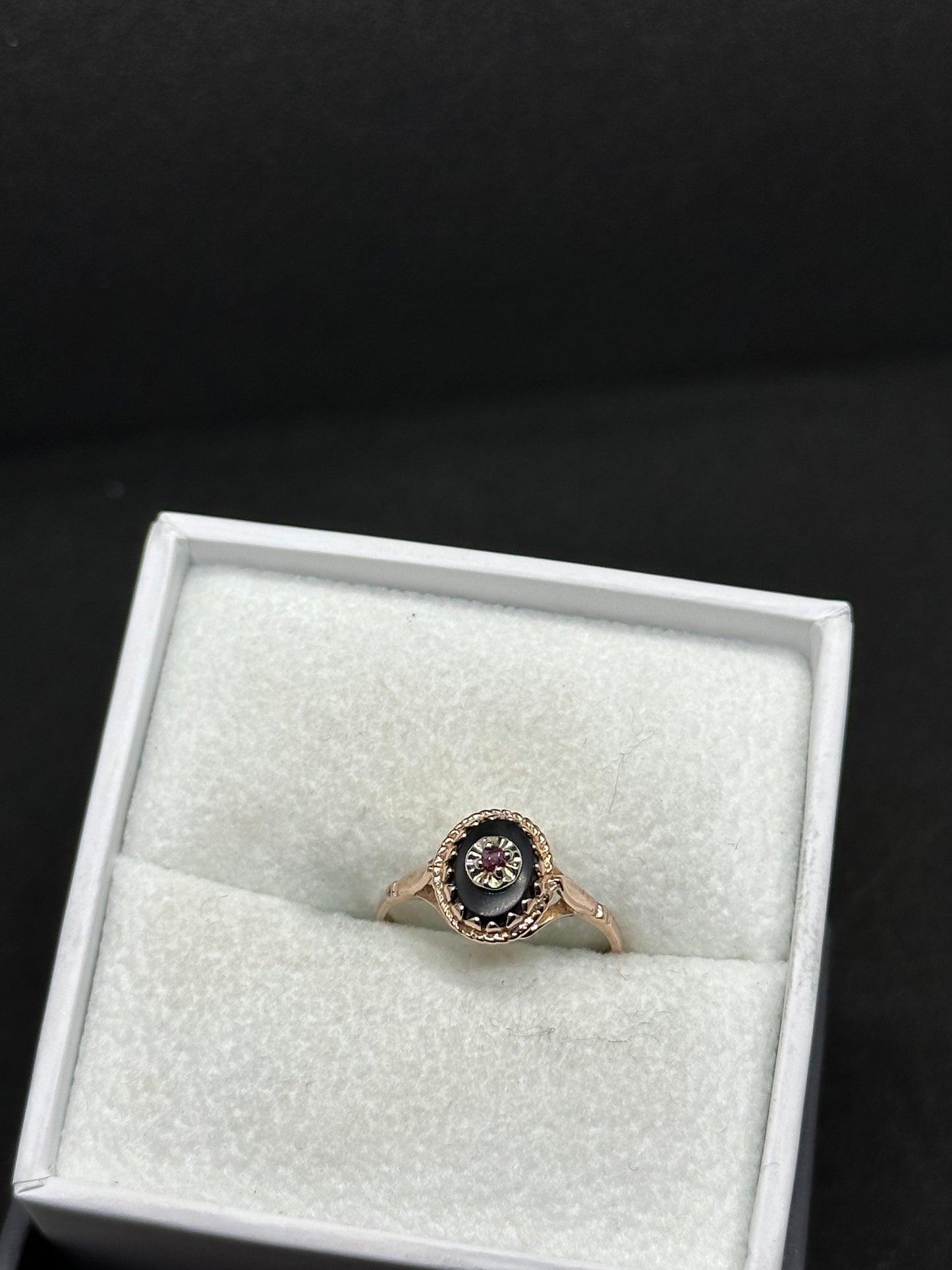 Antique Victorian Edwardian 14K Rose Gold Ornate Onyx & Ruby Mourning Ring Marked TZ or ZT Size 6
