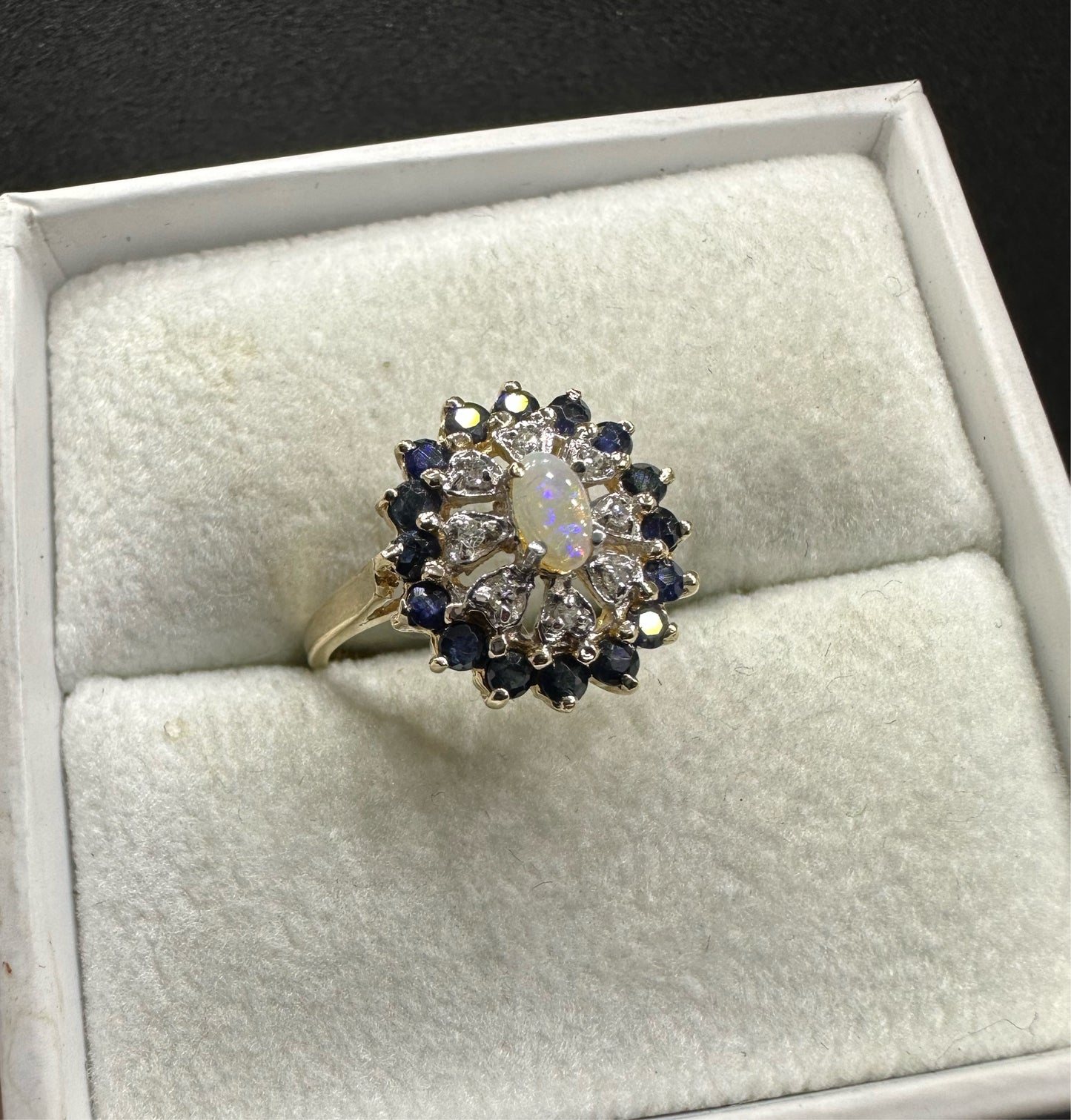 Antique Victorian 14K Yellow Gold Opal w/ Diamond and Sapphire Cluster Ring Marked