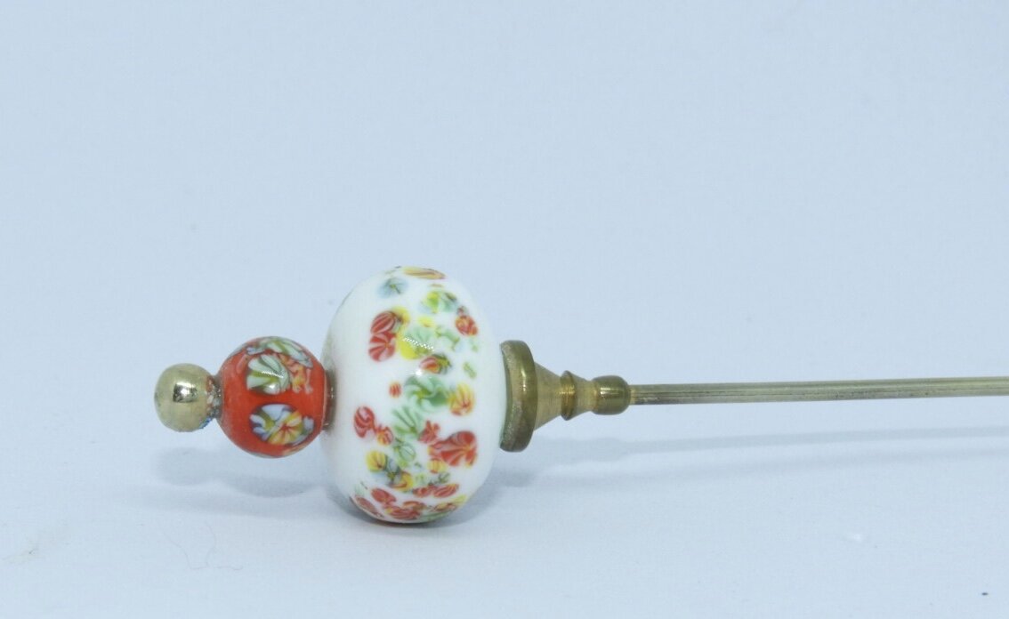 Antique Porcelain Red & White Floral Hat Pin