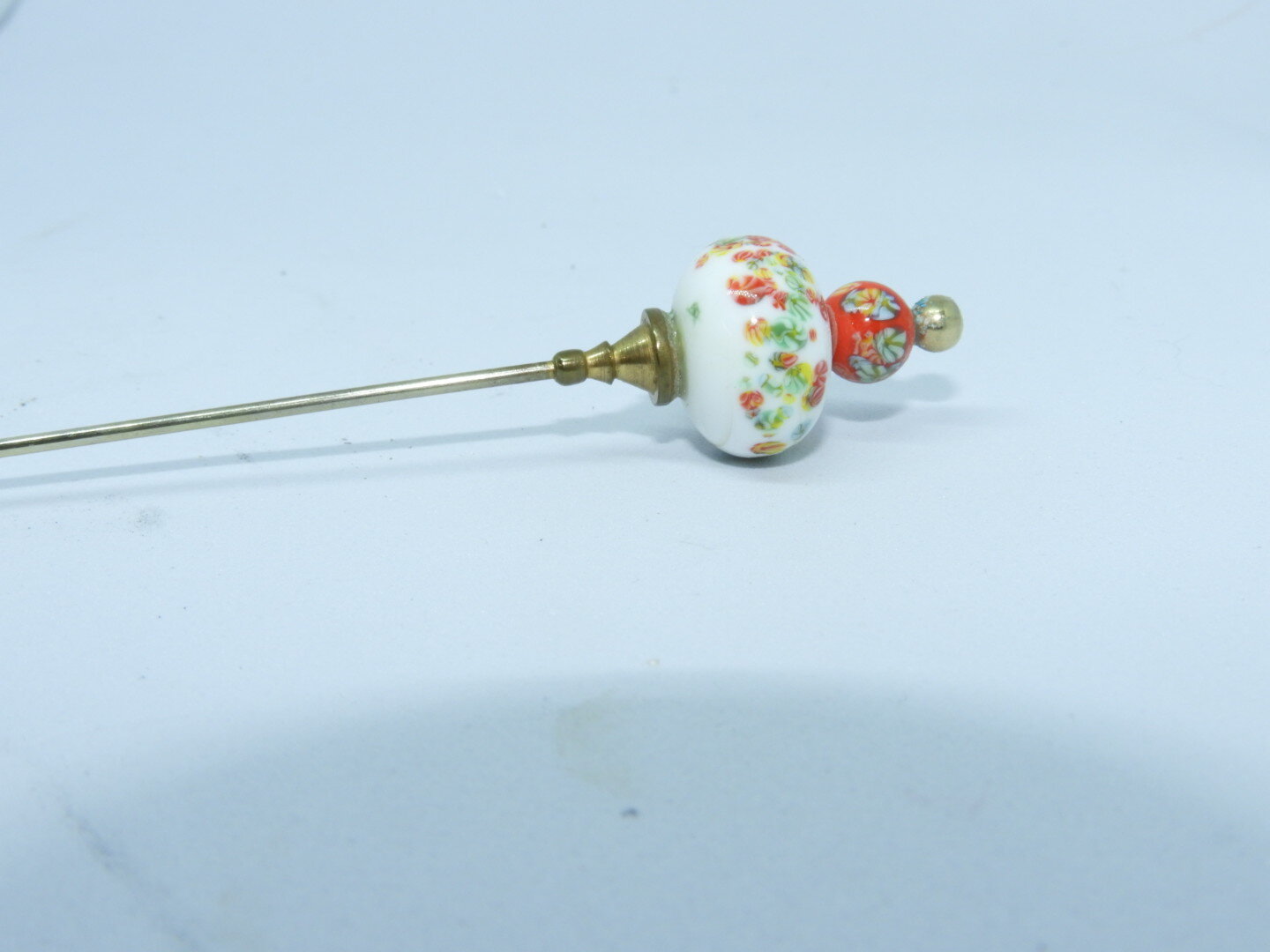 Antique Porcelain Red & White Floral Hat Pin