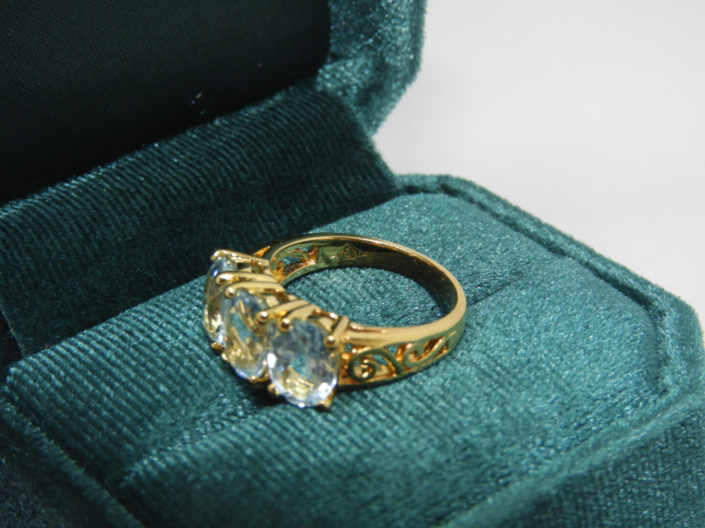 Vintage Handcrafted 14K Yellow Gold Three Stone Powder Blue Topaz Ring