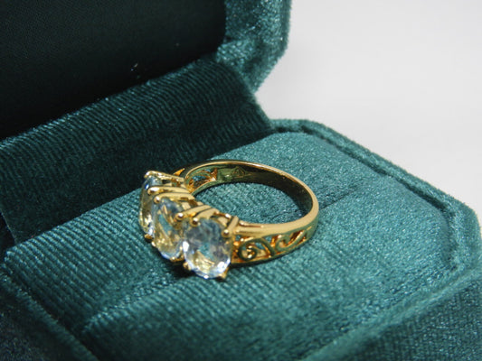 Vintage Handcrafted 14K Yellow Gold Three Stone Powder Blue Topaz Ring