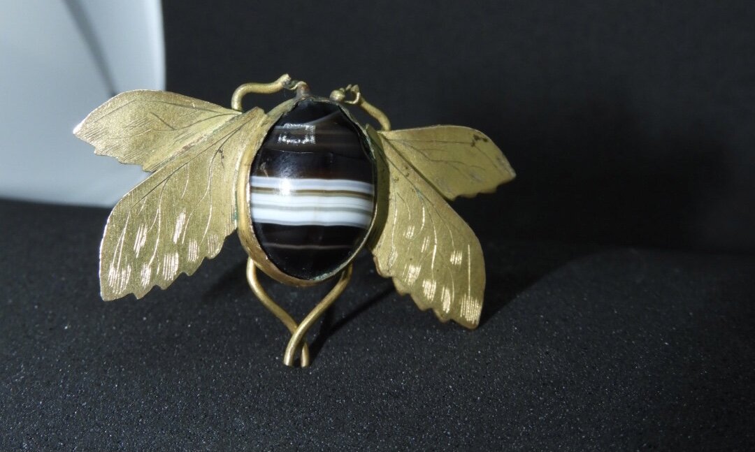 Antique Brass-Winged Beetle Hat Pin w/ Cab