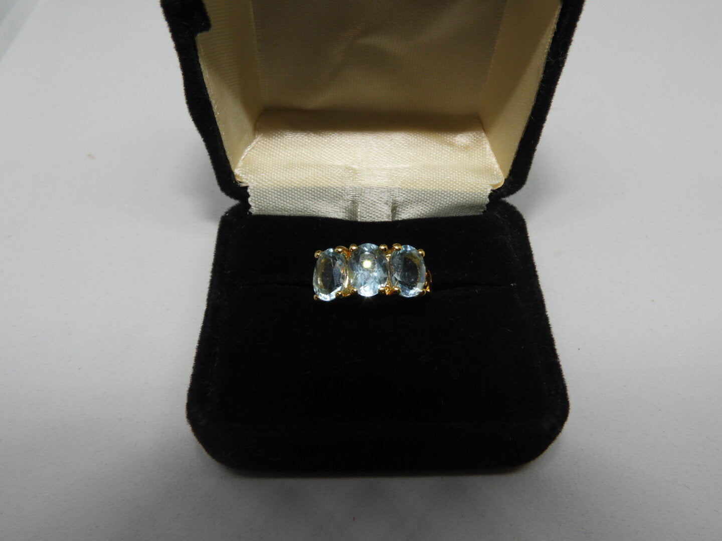 Vintage Handcrafted 14K Yellow Gold Three Stone Powder Blue Topaz Ring