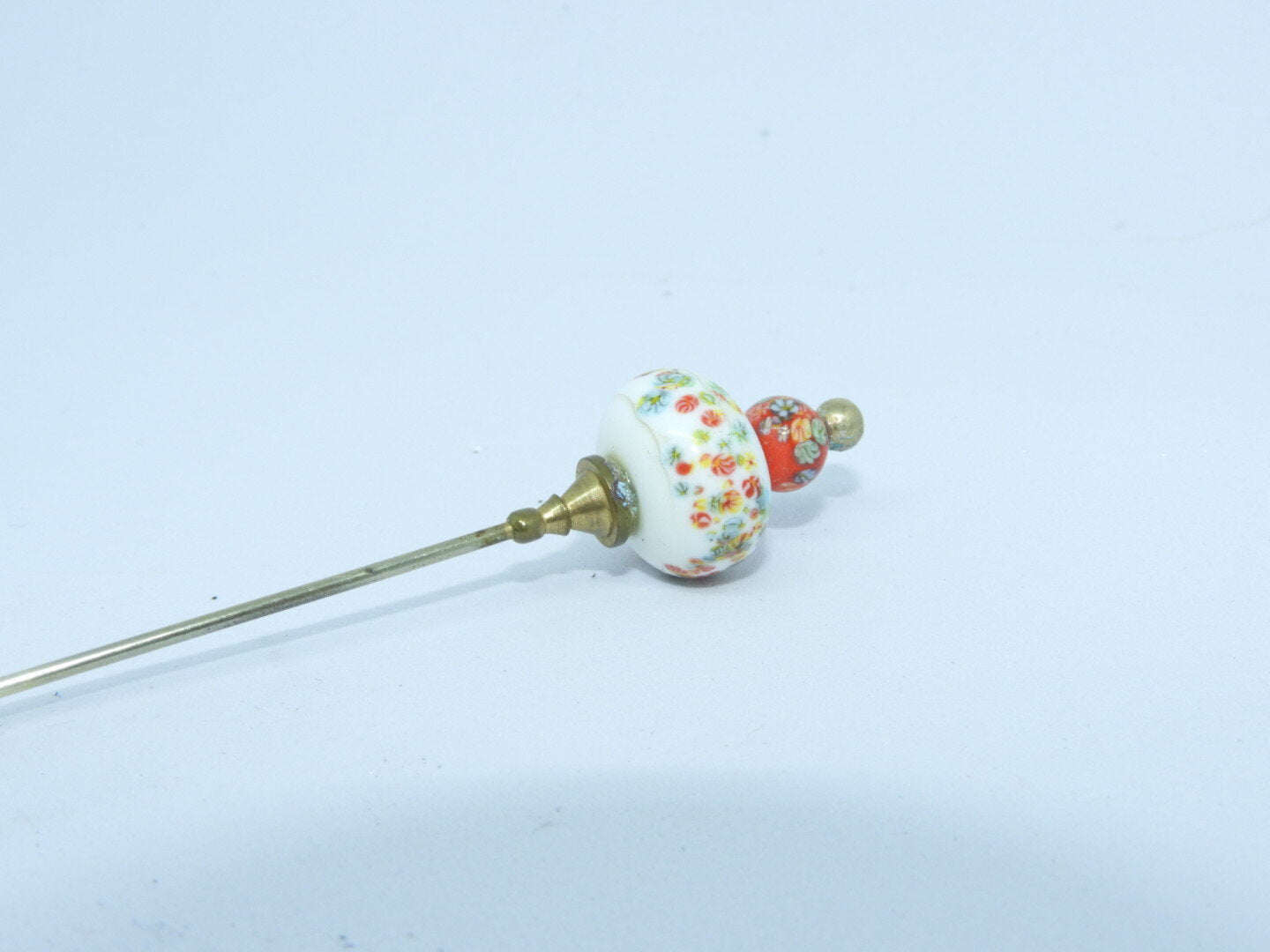 Antique Porcelain Red & White Floral Hat Pin