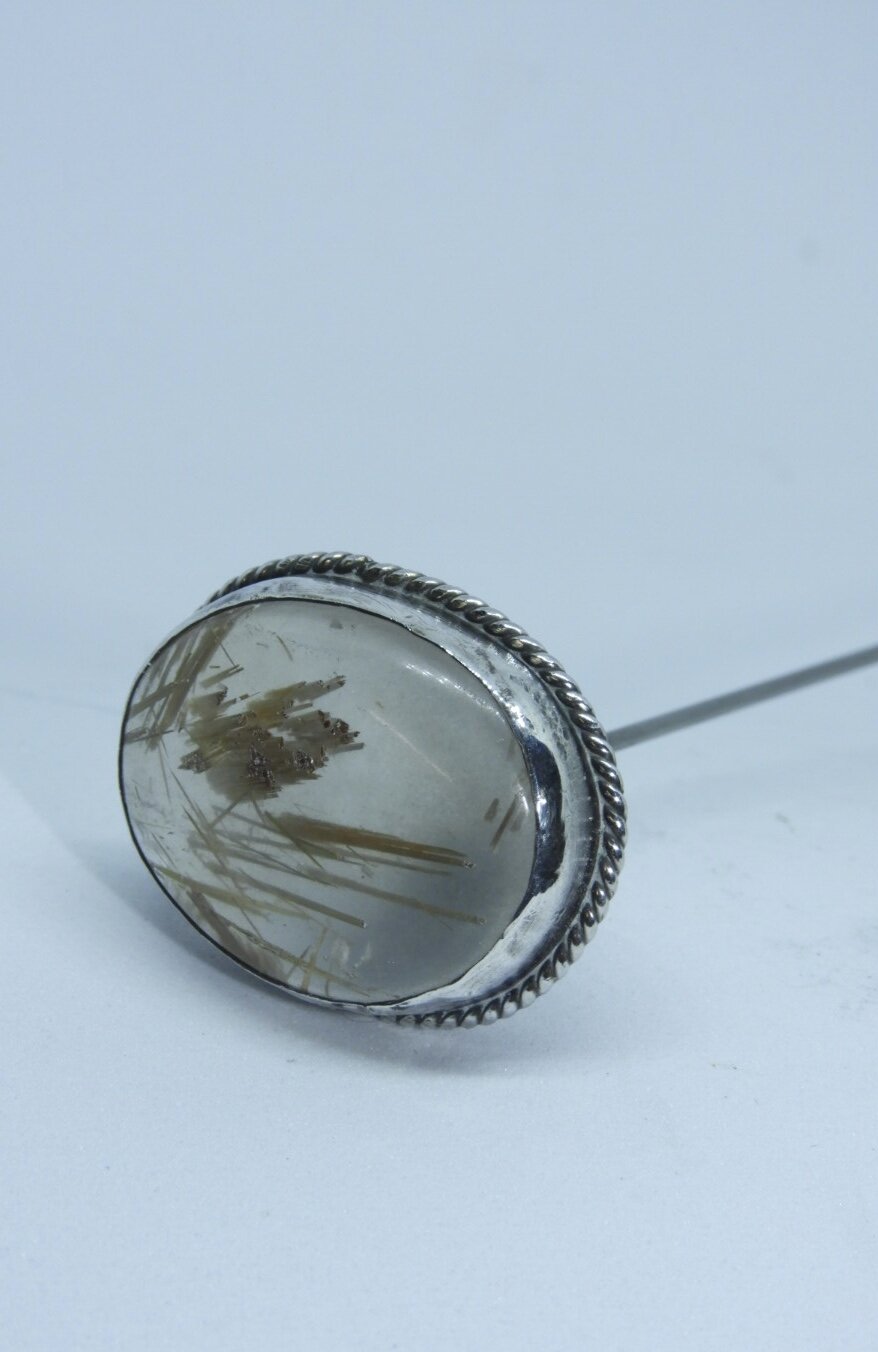 Antique Sterling Silver Rutilitated Quartz Hat Pin