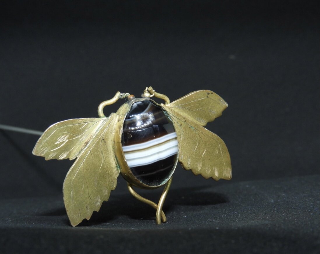 Antique Brass-Winged Beetle Hat Pin w/ Cab