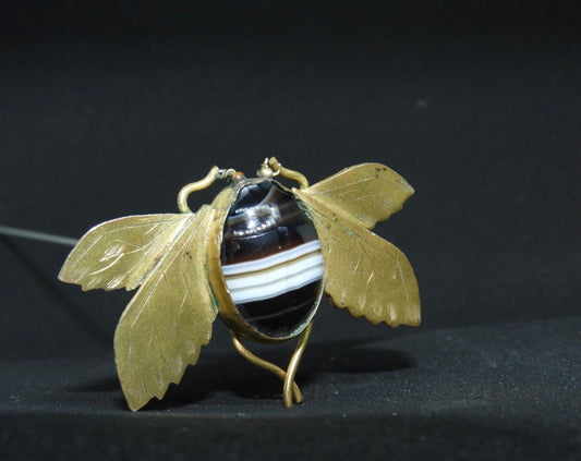 Antique Brass-Winged Beetle Hat Pin w/ Cab