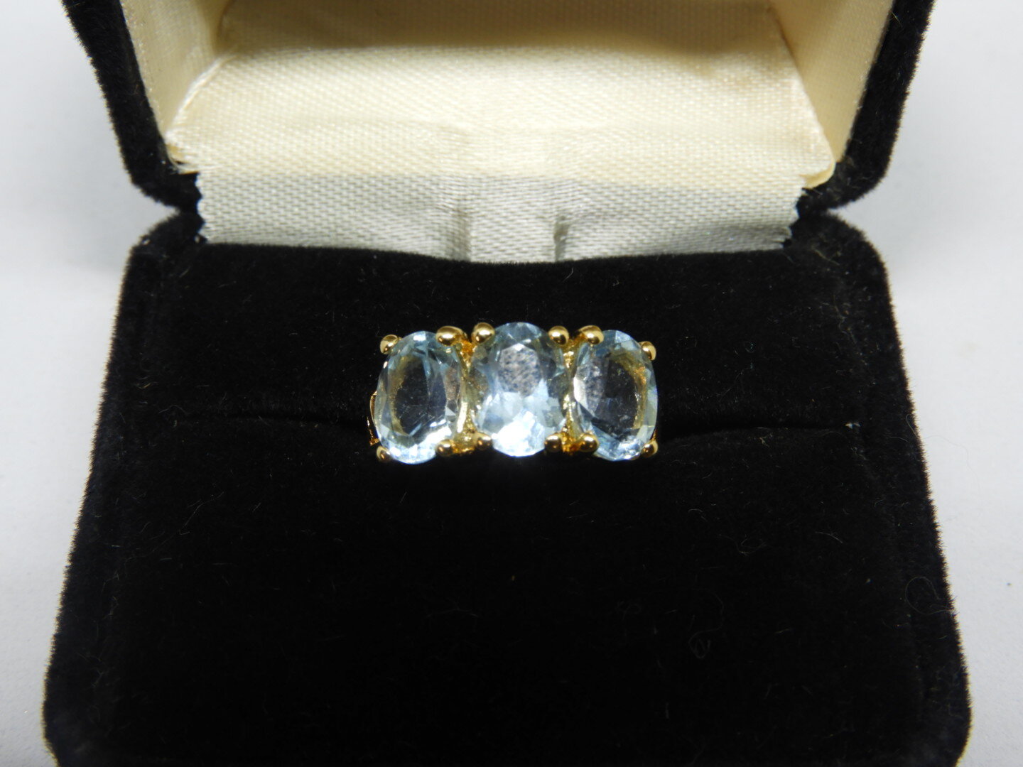 Vintage Handcrafted 14K Yellow Gold Three Stone Powder Blue Topaz Ring