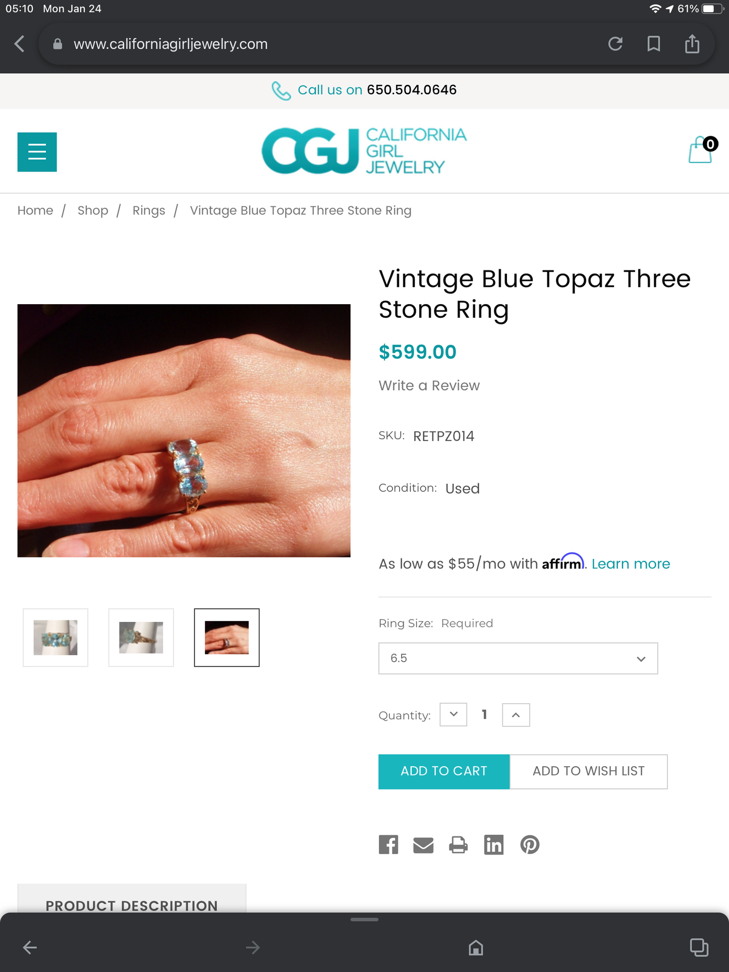 Vintage Handcrafted 14K Yellow Gold Three Stone Powder Blue Topaz Ring