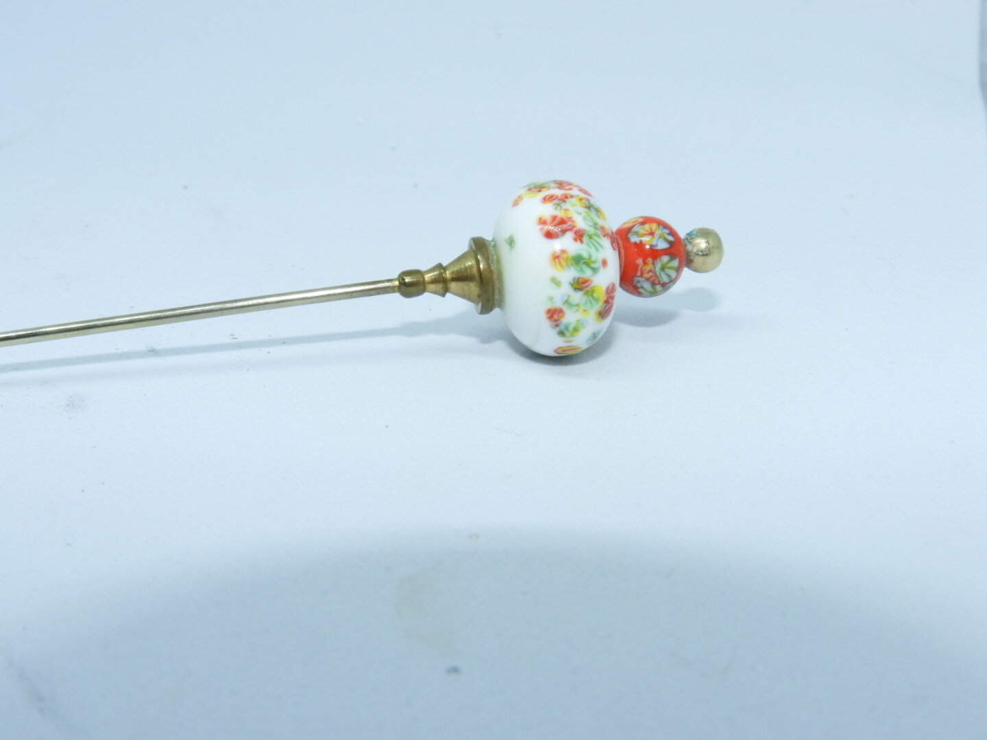 Antique Porcelain Red & White Floral Hat Pin