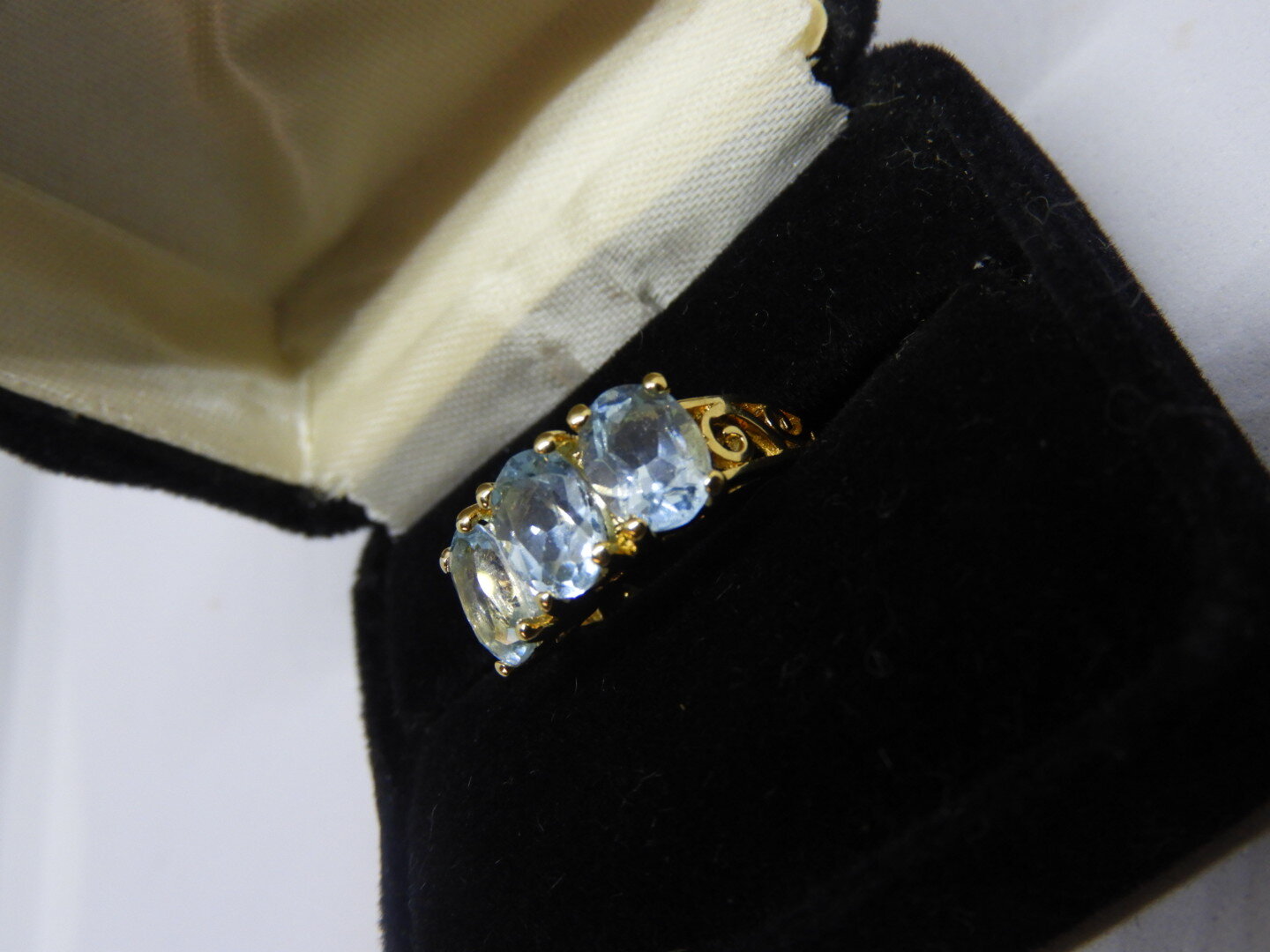Vintage Handcrafted 14K Yellow Gold Three Stone Powder Blue Topaz Ring