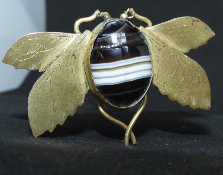 Antique Brass-Winged Beetle Hat Pin w/ Cab