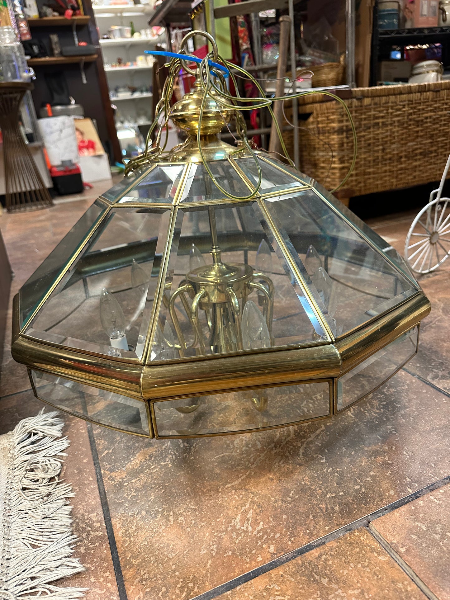 MCM Bound Glass Beveled 10-sided 9 Lights Brass Chandelier