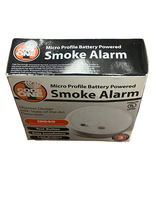Code One Micro Profile 9V Battery Operated Smoke Fire Alarm i9040 85db Alarm Brand New in the box. 9V Battery Operated