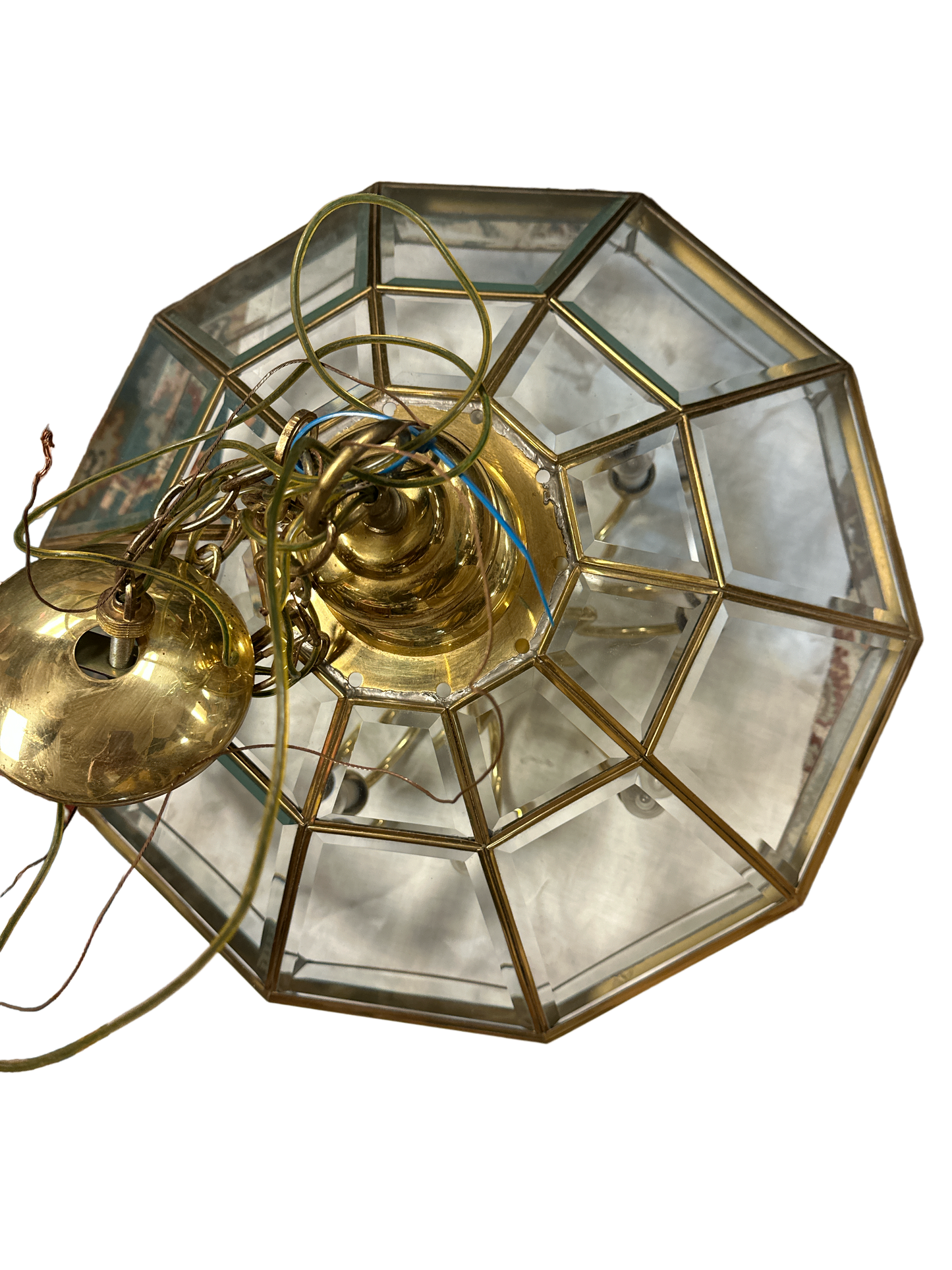 MCM Bound Glass Beveled 10-sided 9 Lights Brass Chandelier