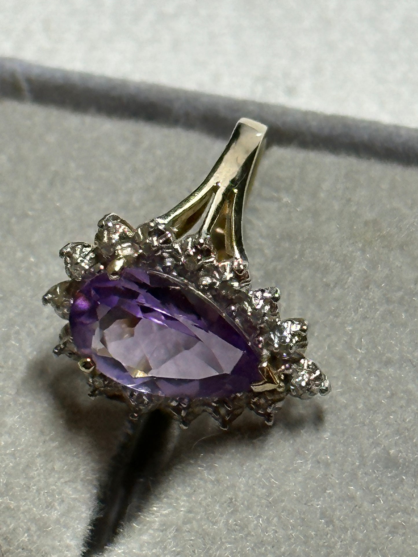 Vintage Pear Shaped Cut Amethyst 14K Yellow Gold Ring w/ 9K White Gold and Diamonds Surround