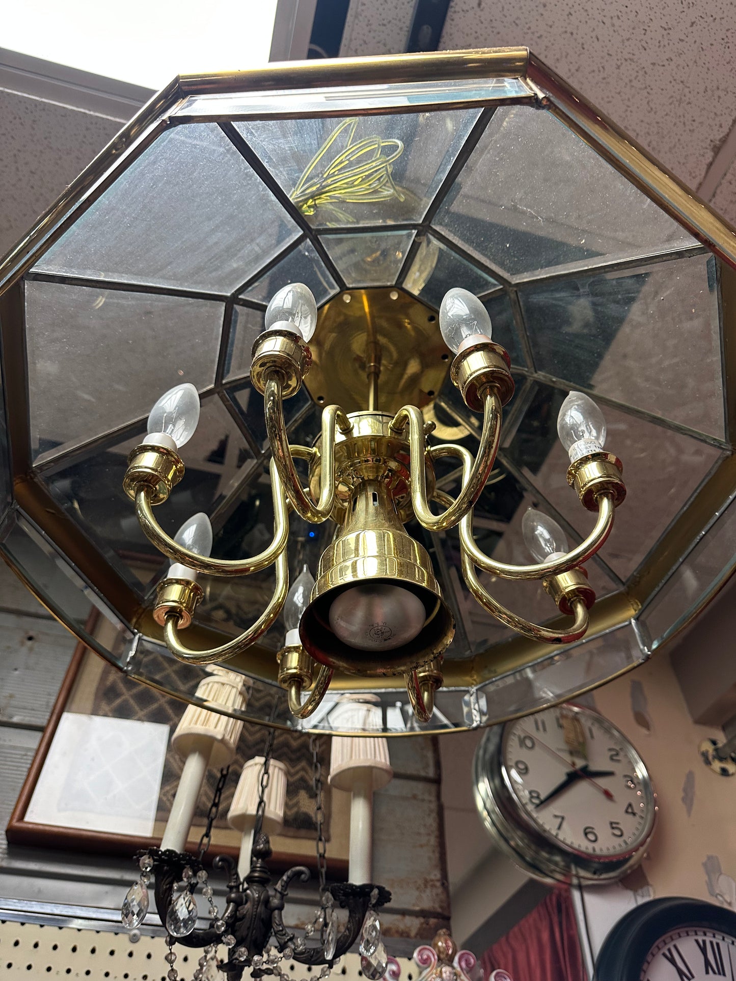 MCM Bound Glass Beveled 10-sided 9 Lights Brass Chandelier