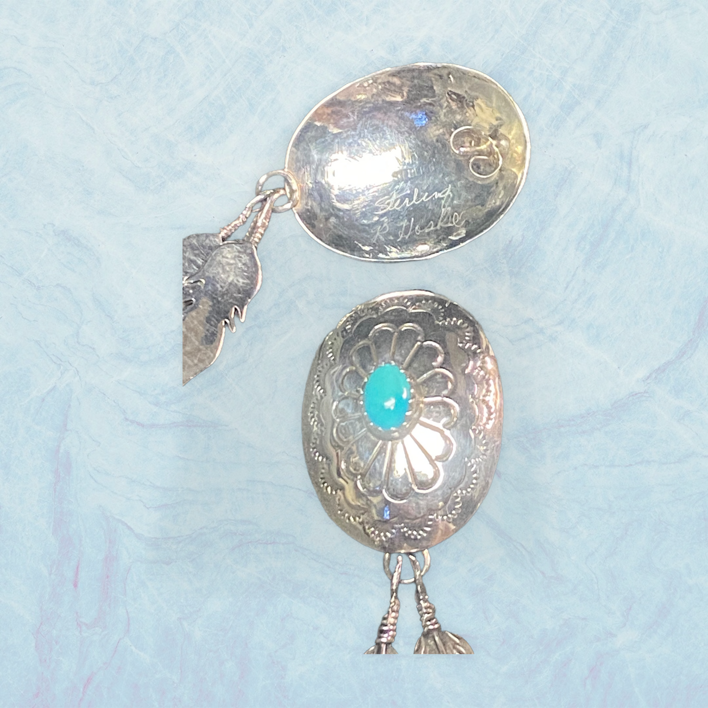 Vintage Native American Navajo Turquoise Sterling Silver Feather Concho Earrings