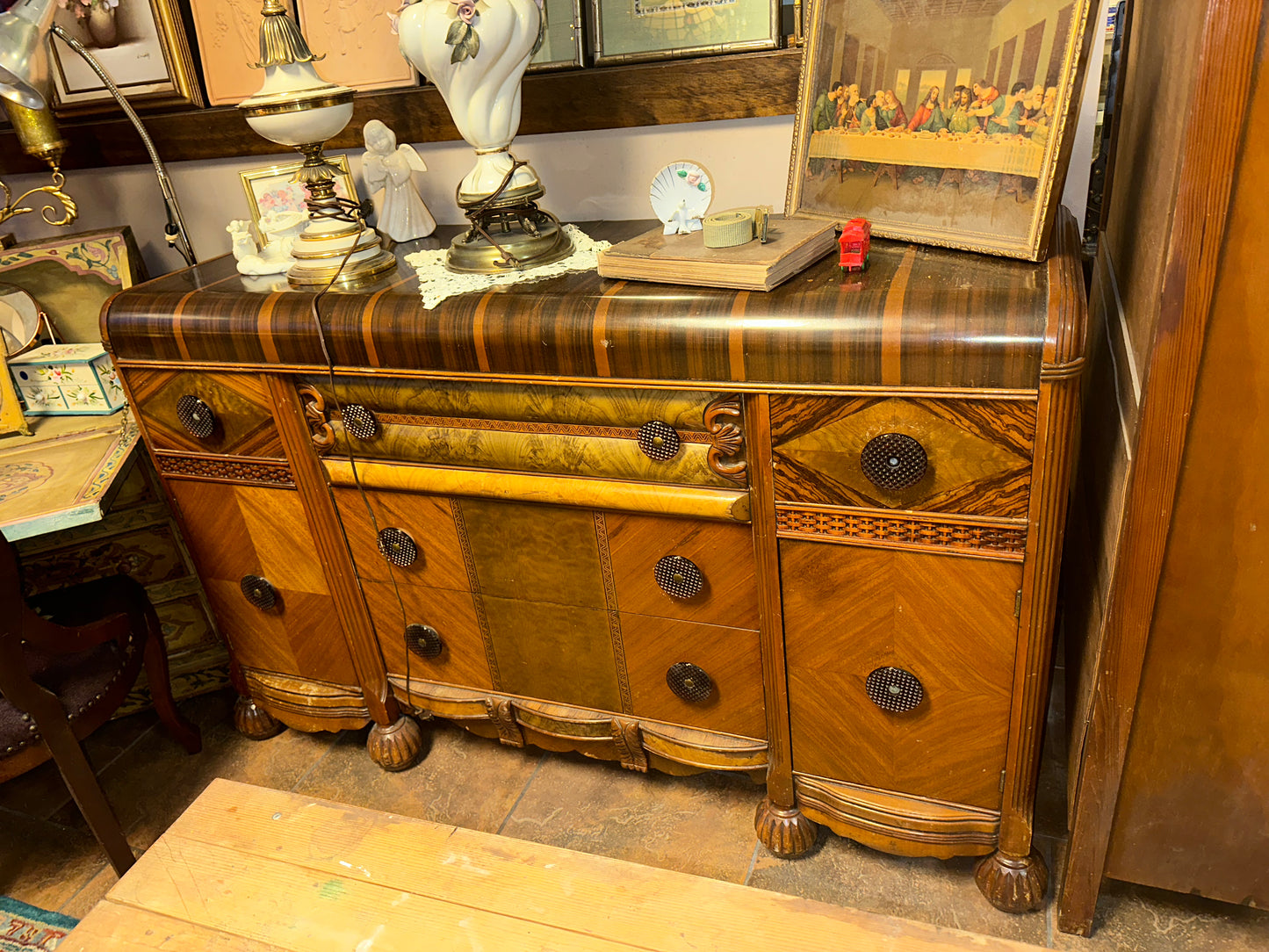 Vintage 1940's Art Deco Waterfall Buffet Sideboard w/ Glass Handles