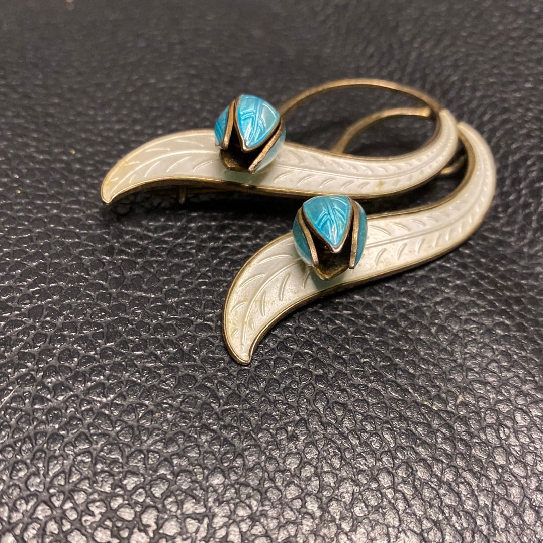 Norway Aksel Holmsen 925S Double Lily of the Valley Enameled Brooch Norwegian