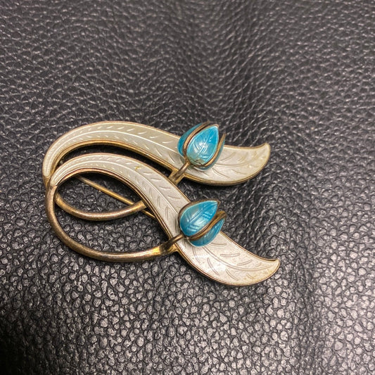 Norway Aksel Holmsen 925S Double Lily of the Valley Enameled Brooch Norwegian