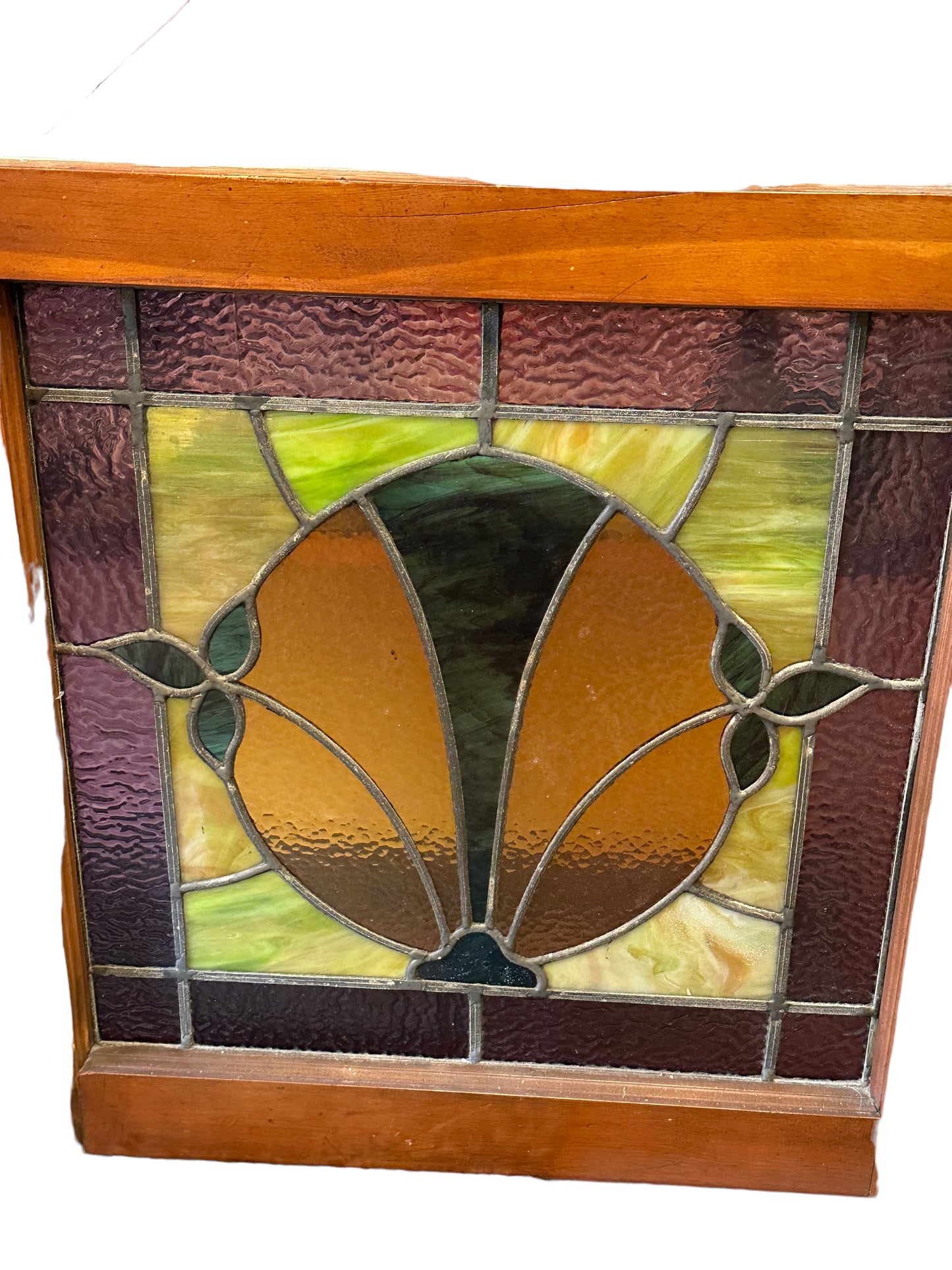 Antique Framed Art Nouveau Stained Glass Suncatcher Window w/ Original Hardware & Lock