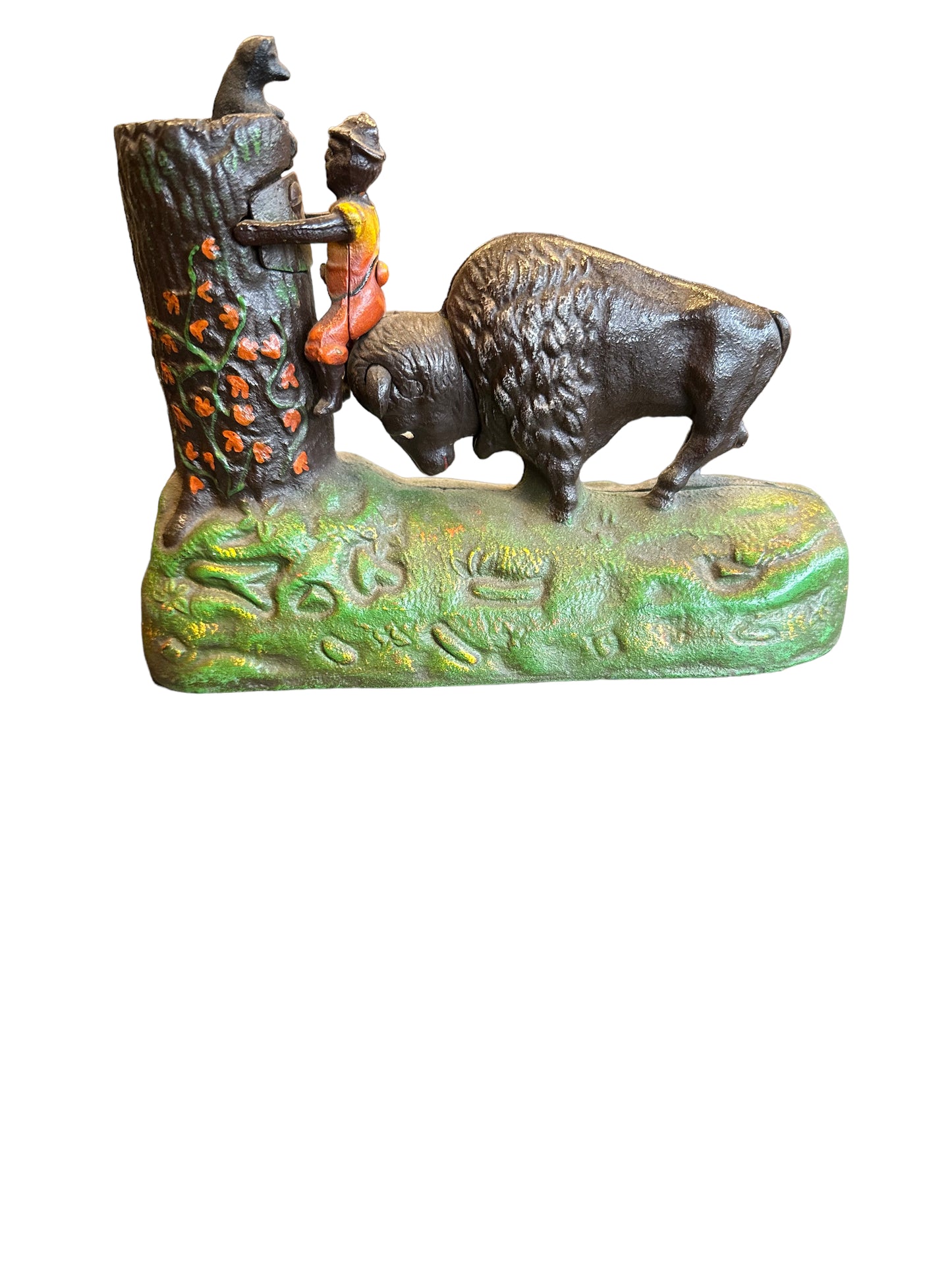 Vintage Book of Knowledge Mechanical Coin Bank Butting Bull Cast Iron.