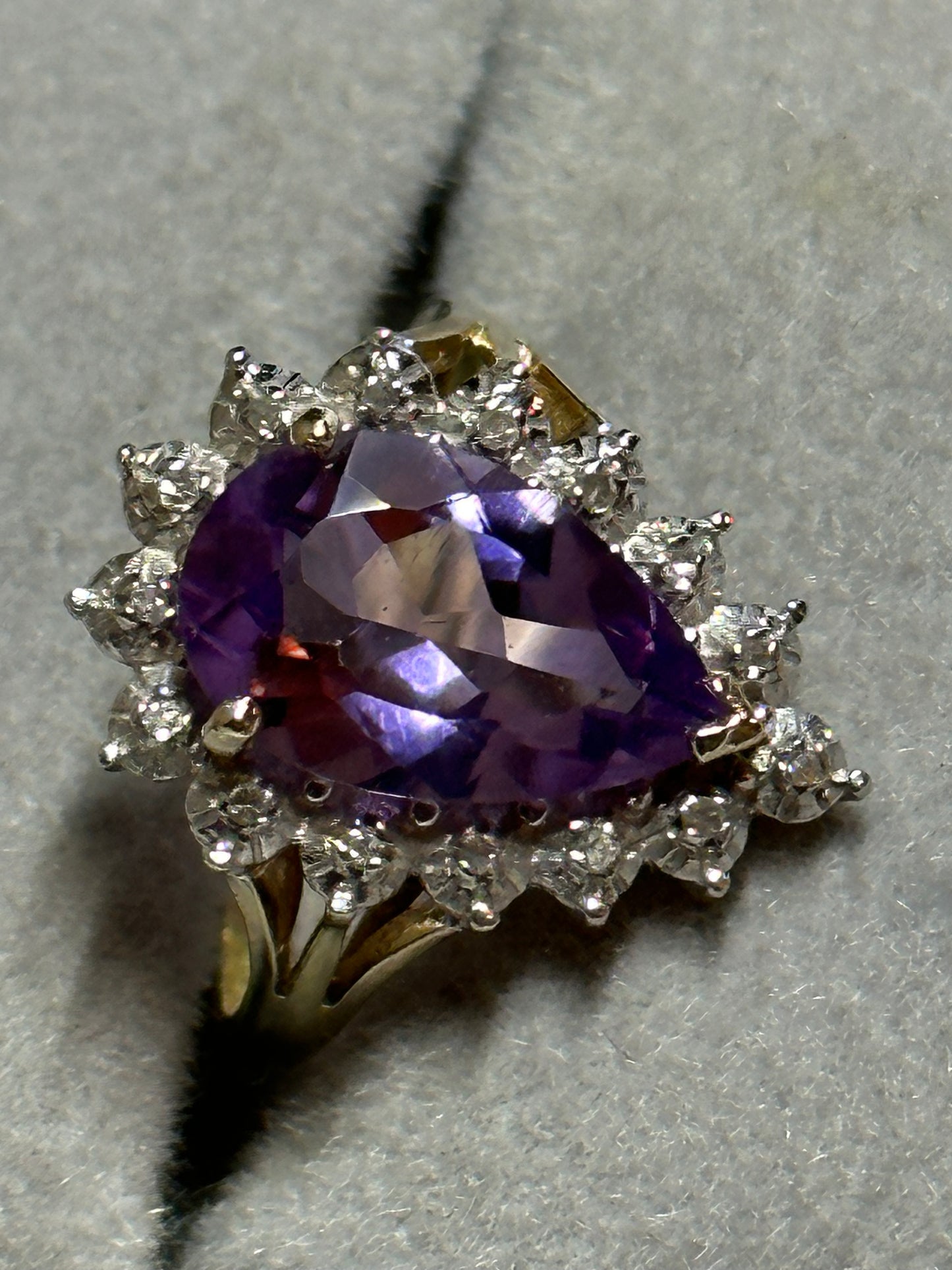 Vintage Pear Shaped Cut Amethyst 14K Yellow Gold Ring w/ 9K White Gold and Diamonds Surround
