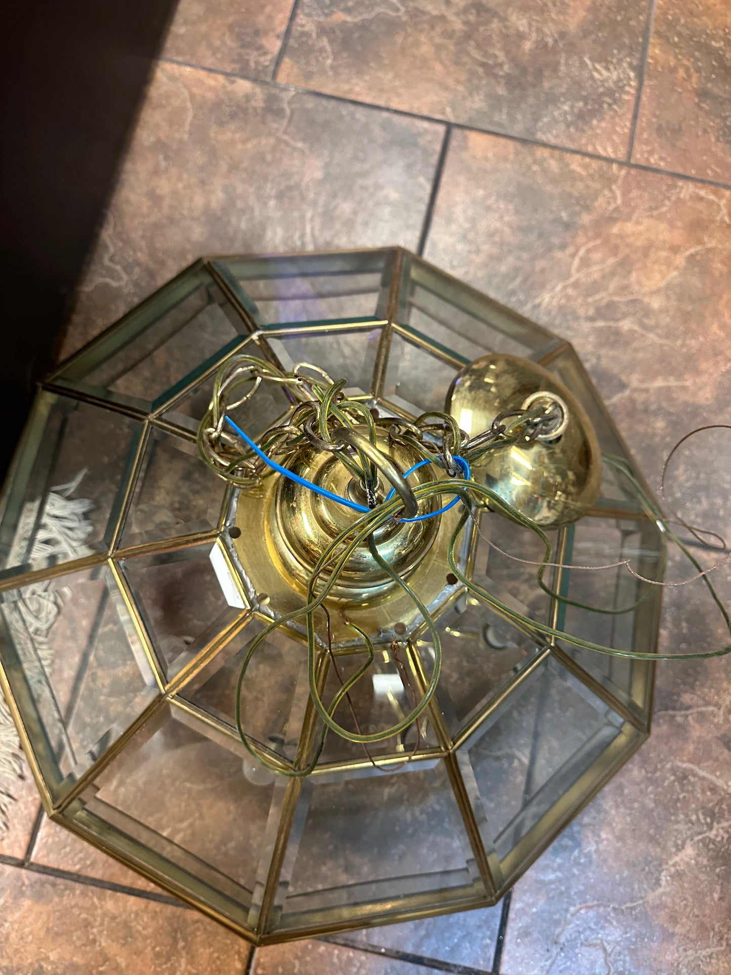 MCM Bound Glass Beveled 10-sided 9 Lights Brass Chandelier