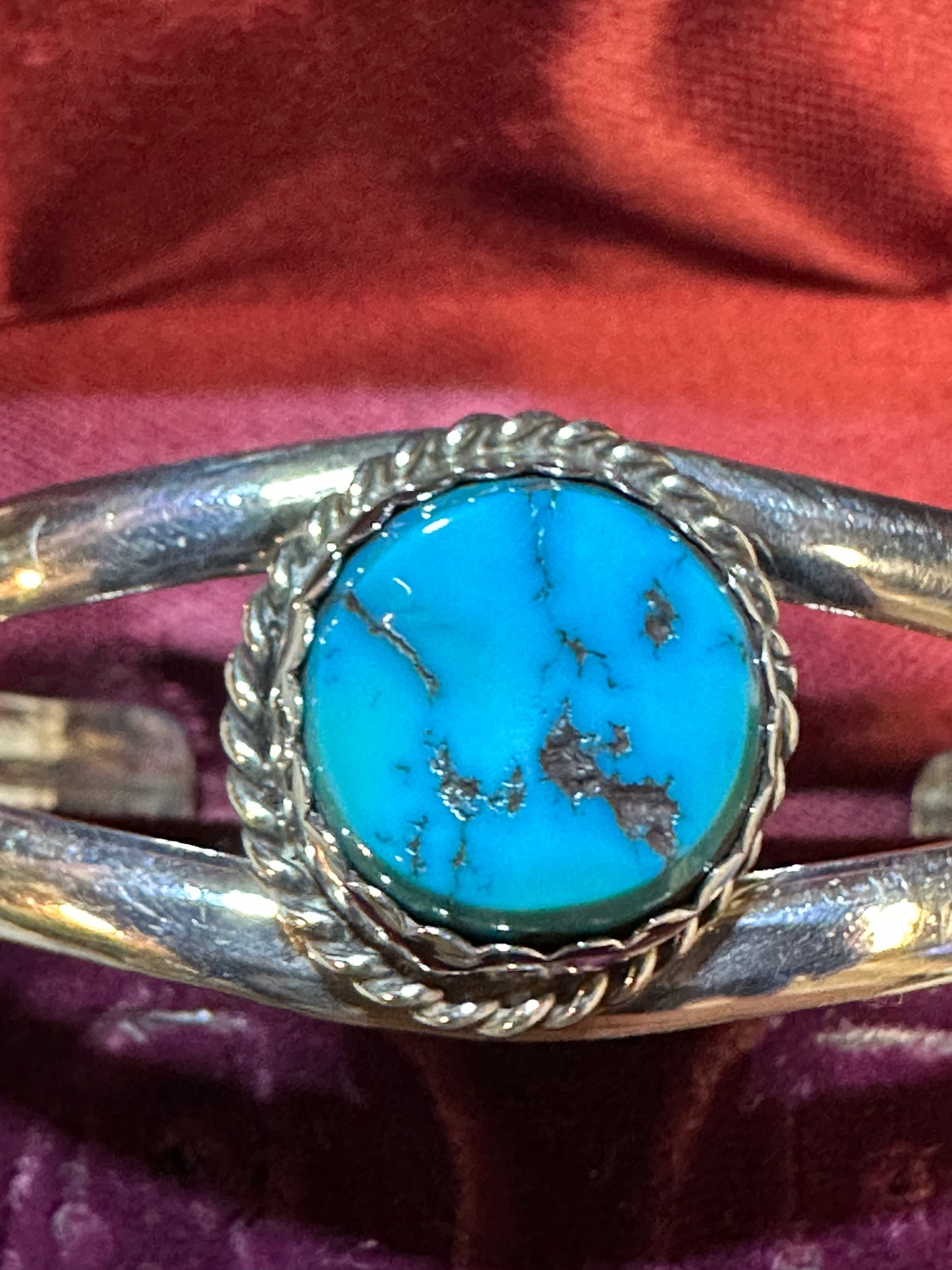 Vintage Handmade Native American Signed Jameson Lee Turquoise Single Stone Sterling Silver .925 Cuff Bracelet