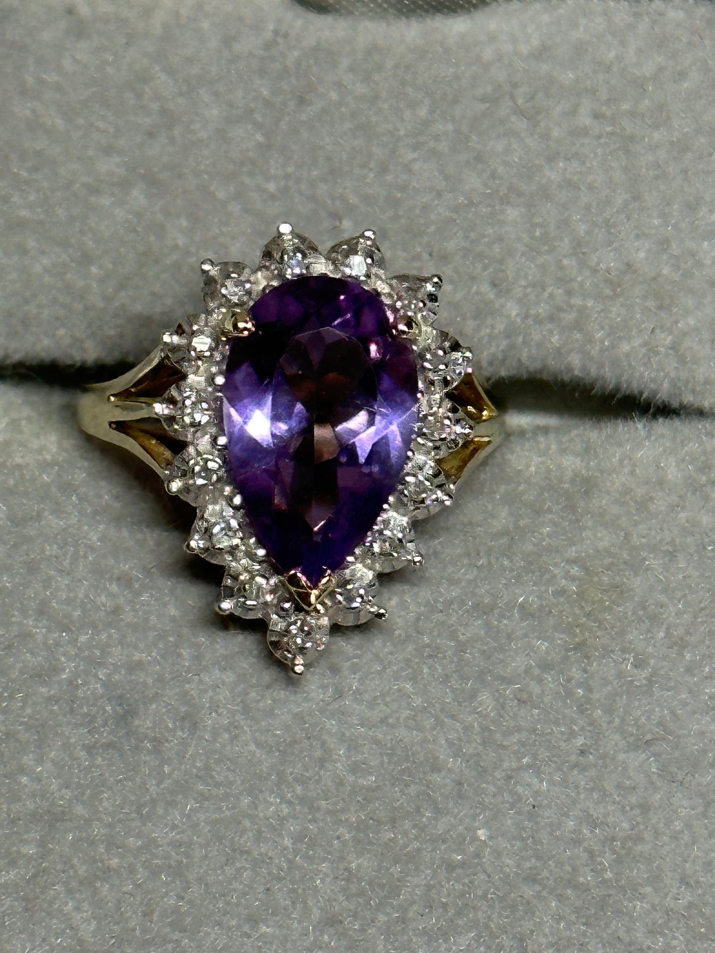 Vintage Pear Shaped Cut Amethyst 14K Yellow Gold Ring w/ 9K White Gold and Diamonds Surround