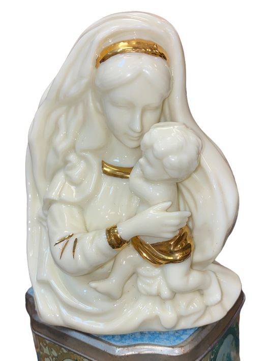 Vintage Lefton Porcelain Mary & Baby Jesus Musical Figurine w/ Gold Accents