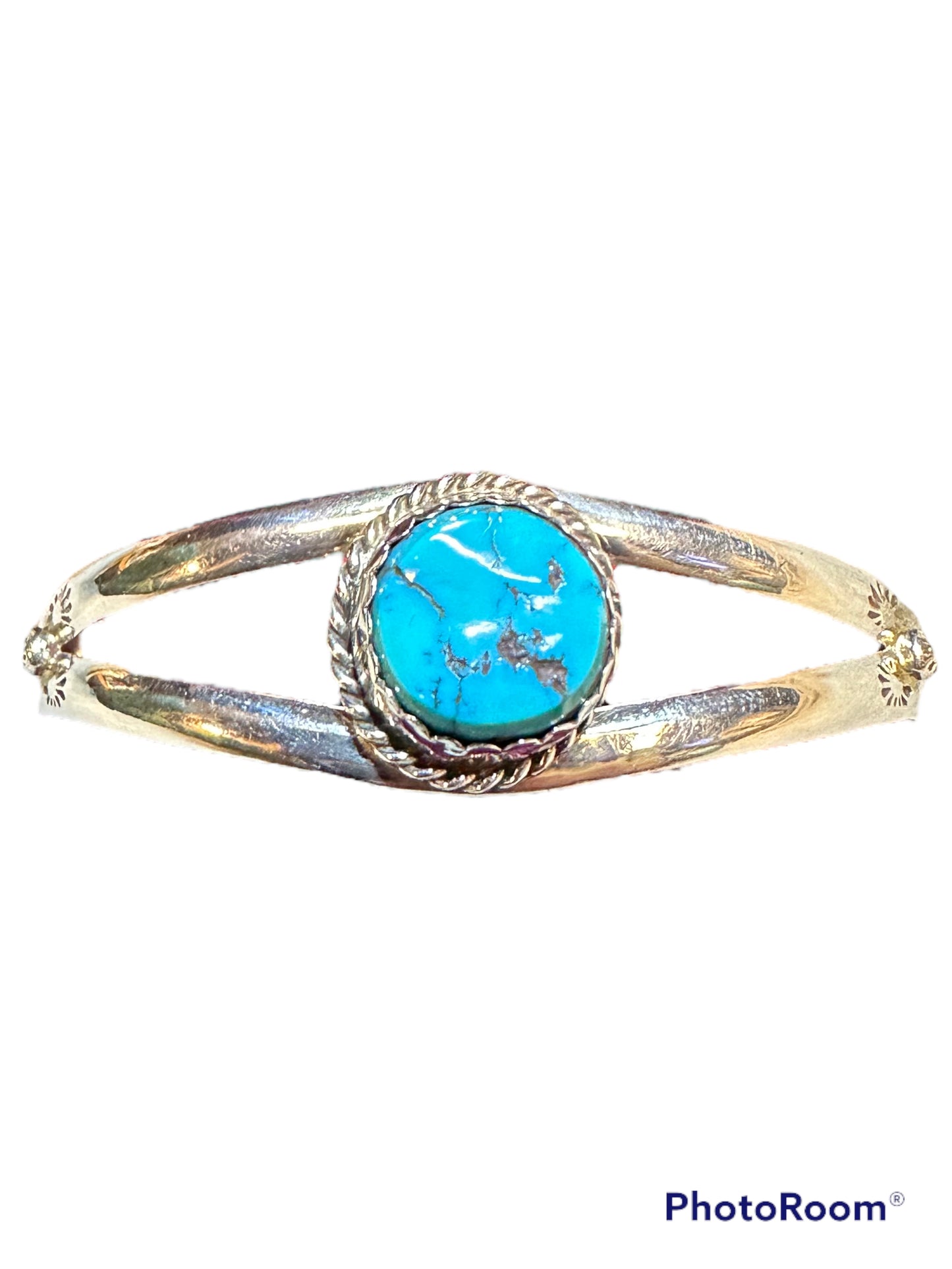 Vintage Handmade Native American Signed Jameson Lee Turquoise Single Stone Sterling Silver .925 Cuff Bracelet