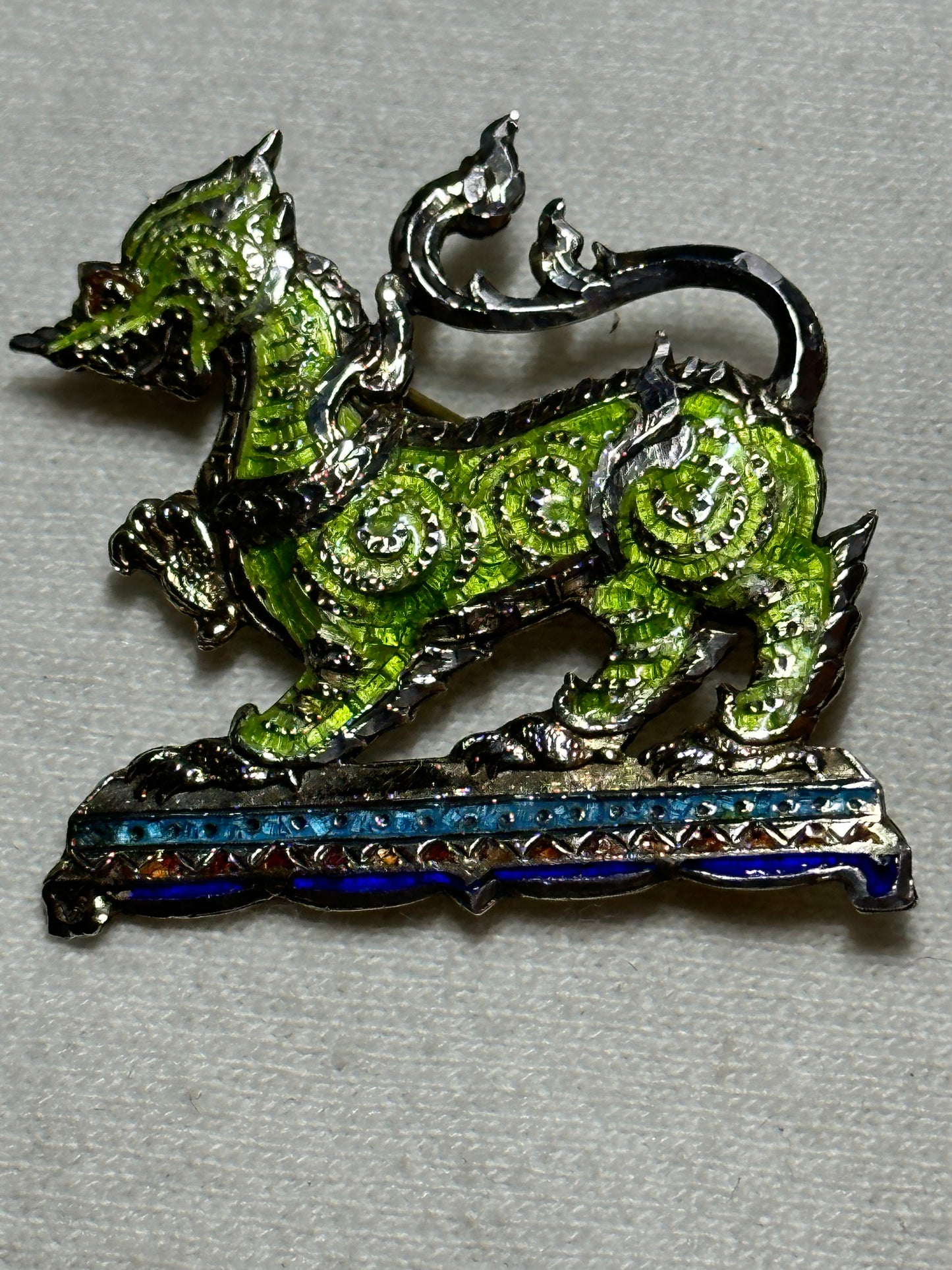 Vintage Niello Sterling Silver .925 Foo Dog Lion Enamel Brooch Pin
