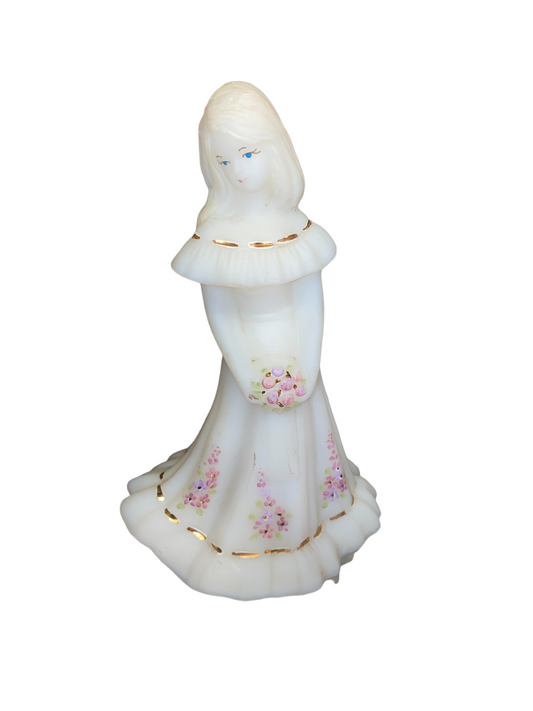 Vintage Fenton Glass White Satin Bridesmaid Figurine w/ 1995 Kristen’s Floral Design