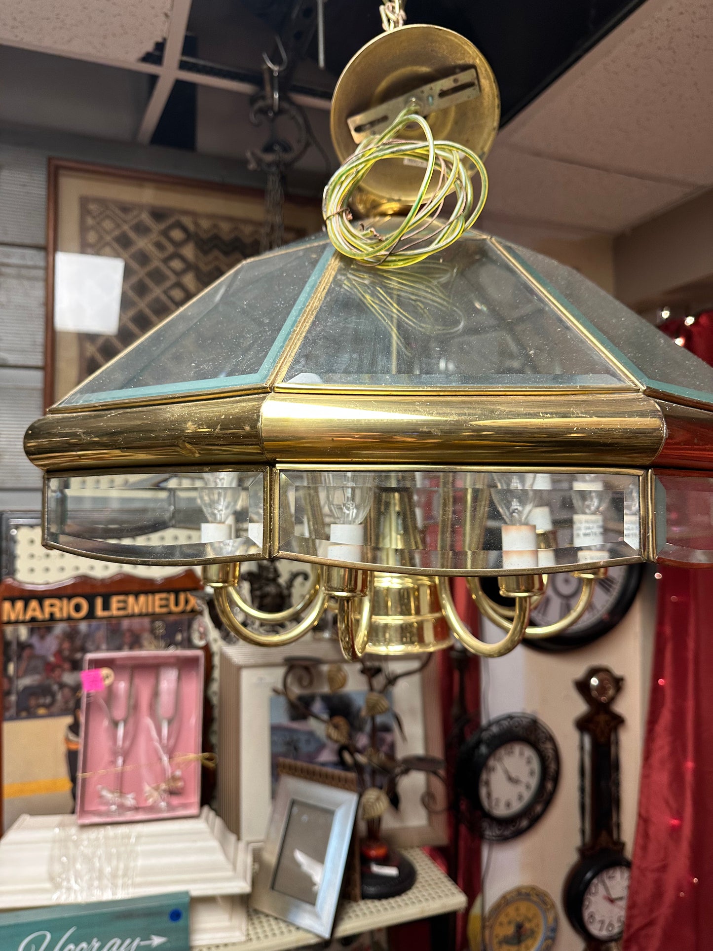 MCM Bound Glass Beveled 10-sided 9 Lights Brass Chandelier