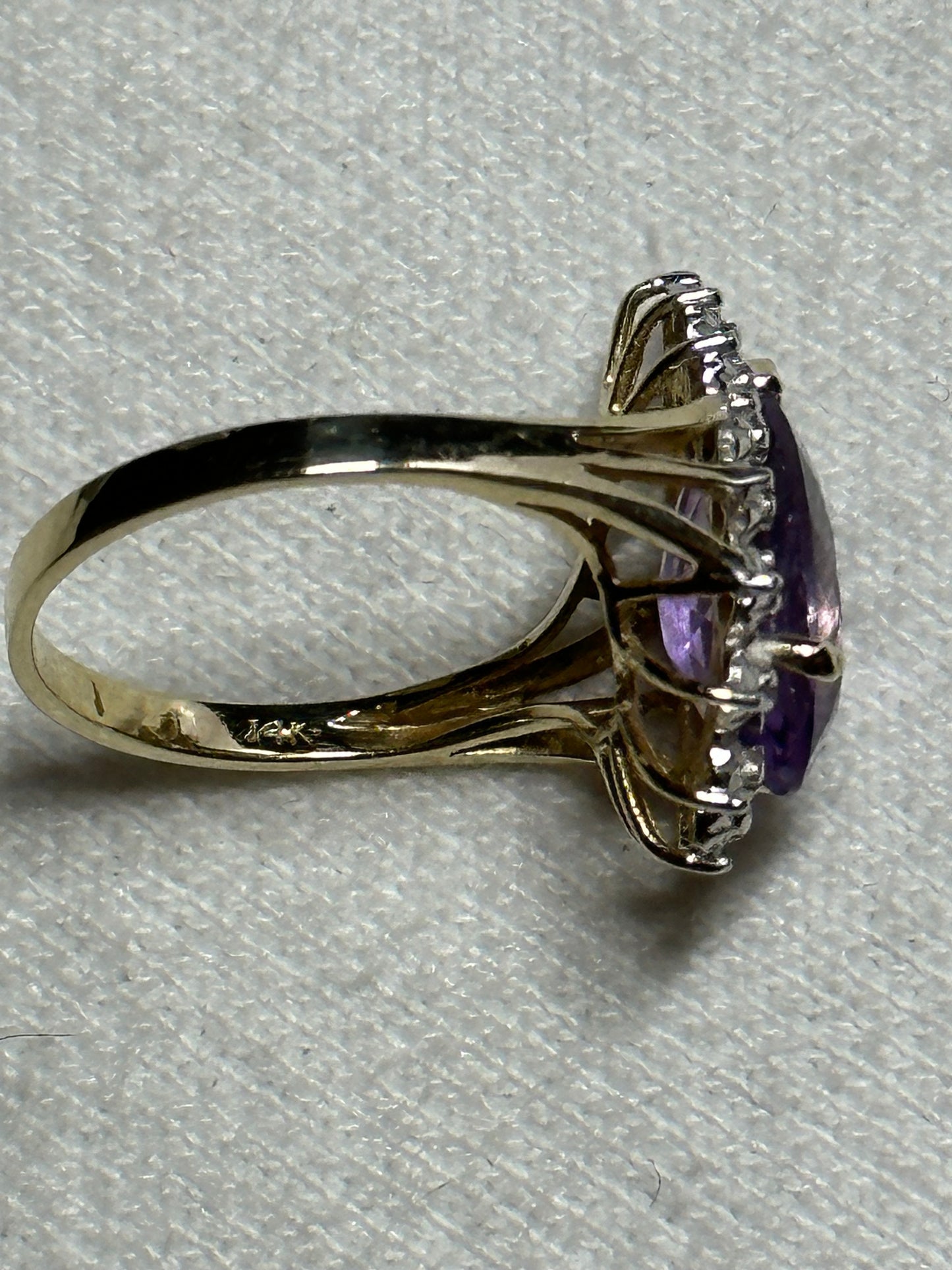 Vintage Pear Shaped Cut Amethyst 14K Yellow Gold Ring w/ 9K White Gold and Diamonds Surround