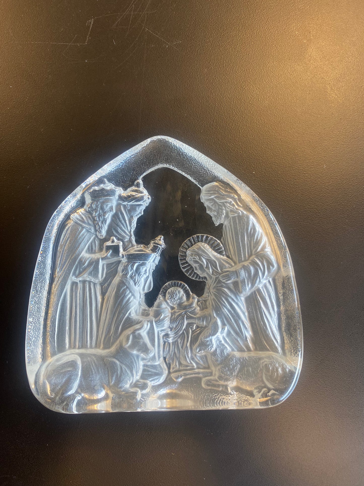 Art Glass Paperweight NATIVITY SCENE Carved on the Back.