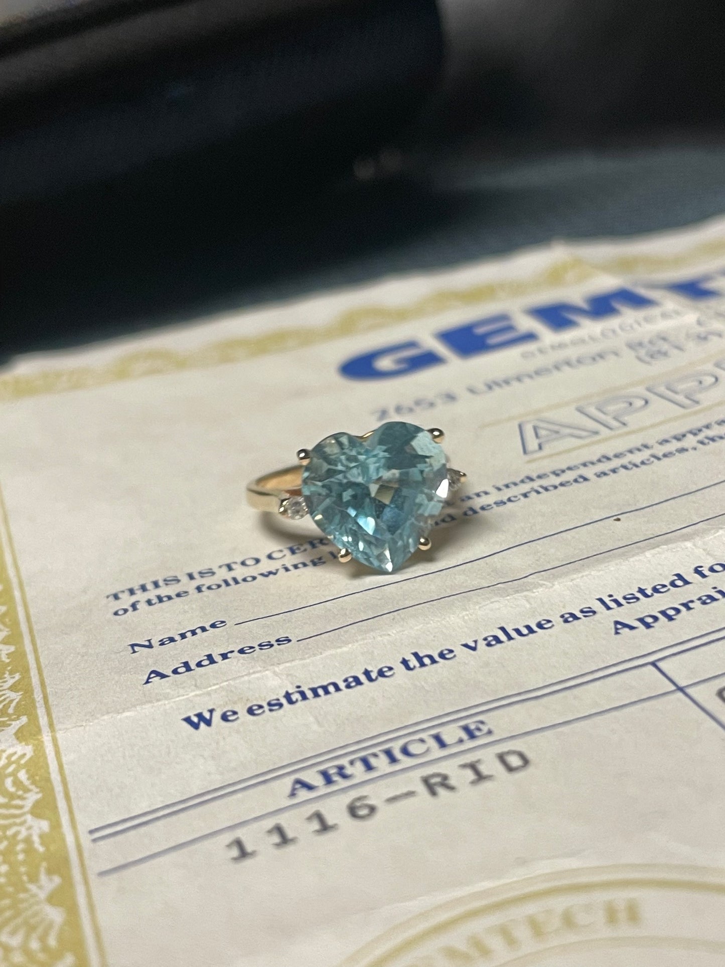 Vintage Heart-Shaped Blue Topaz & Diamond Accents 14K Yellow Gold Ring w/ Appraisal