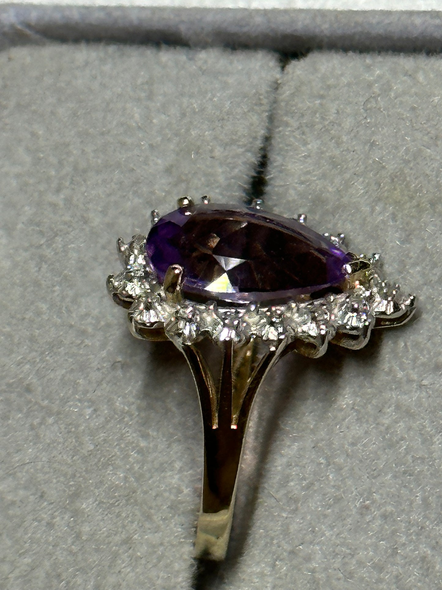 Vintage Pear Shaped Cut Amethyst 14K Yellow Gold Ring w/ 9K White Gold and Diamonds Surround