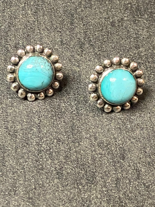 Vintage 925 Sterling Silver Natural Turquoise Flower Screw Back Stud Earrings
