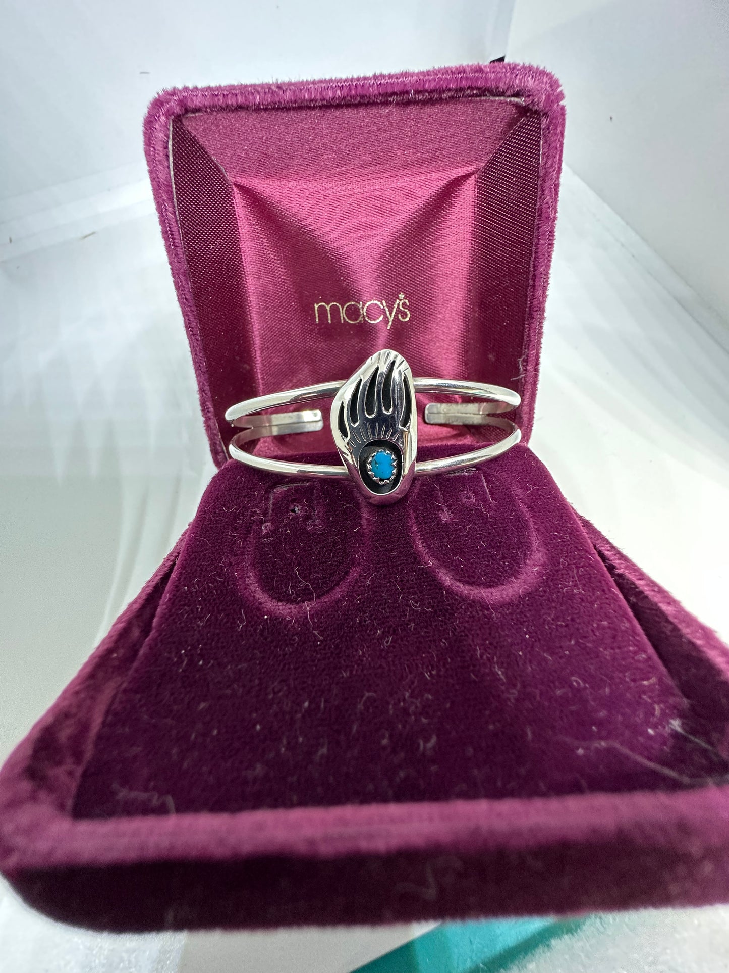 Vintage Native American Sterling Silver .925 Turquoise Bear Claw Cuff Bracelet