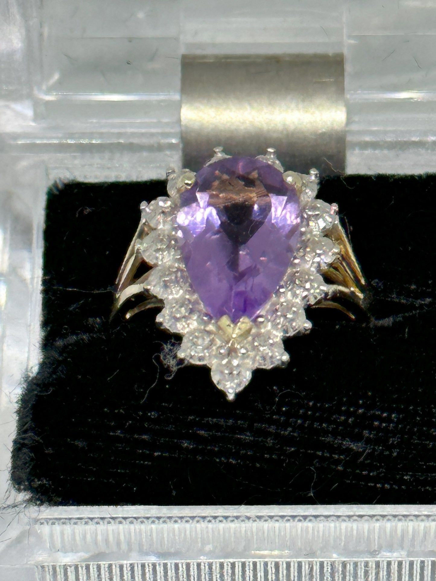 Vintage Pear Shaped Cut Amethyst 14K Yellow Gold Ring w/ 9K White Gold and Diamonds Surround